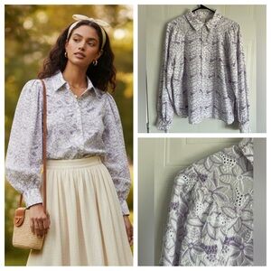 Floral Cotton Blouse Size L Purple White Eyelet Shirt Romantic Cottage Classic